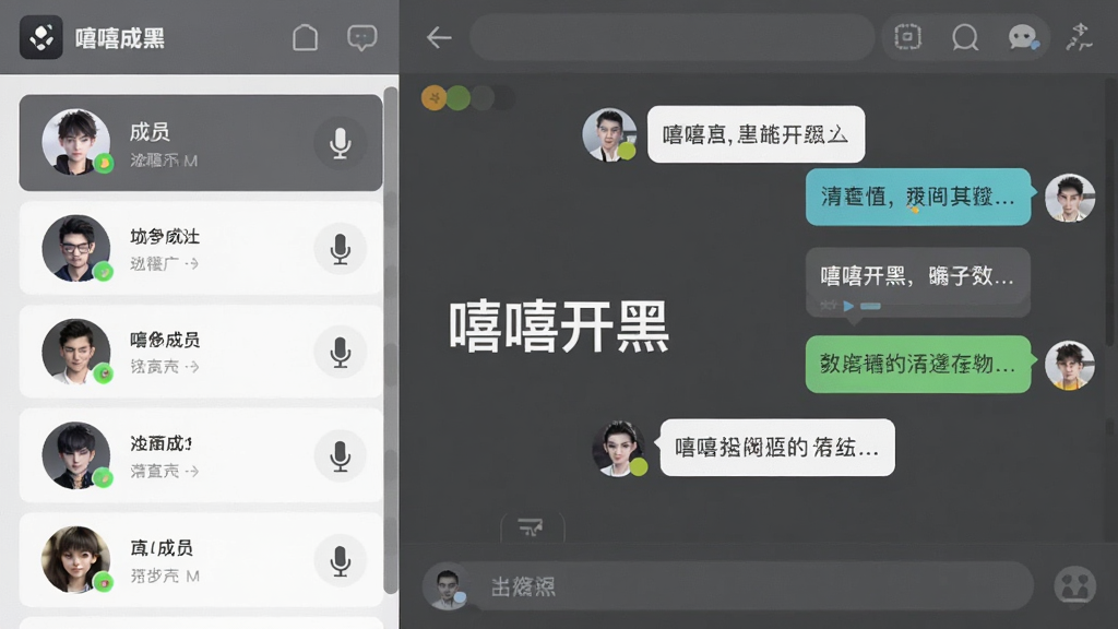 主体:嘻嘻开黑APP的开黑房间界面,显示房间成员列表和聊天消息,布局:左侧为成员列表,右侧为聊天区域,中间有“嘻嘻开黑”字样,排版:左右布局,风格:简约商务,灰白配色,细节:成员头像旁有麦克风状态图标,聊天区域有文字消息,画质:高清,干净,无多余元素