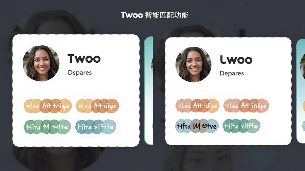 Twoo智能匹配功能界面截图,主体为Twoo应用内的推荐用户卡片,布局采用左右滑动交互设计,风格清新活泼,细节展示用户头像、距离和共同兴趣标签,画质清晰干净,无多余元素。