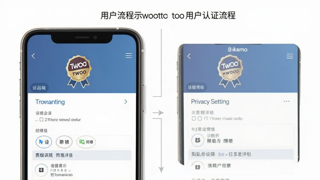 Twoo用户认证流程示意图,主体为手机上的Twoo个人资料编辑页面,布局采用列表形式,风格简洁商务,细节展示认证徽章和隐私设置选项,画质干净清晰,无多余元素。