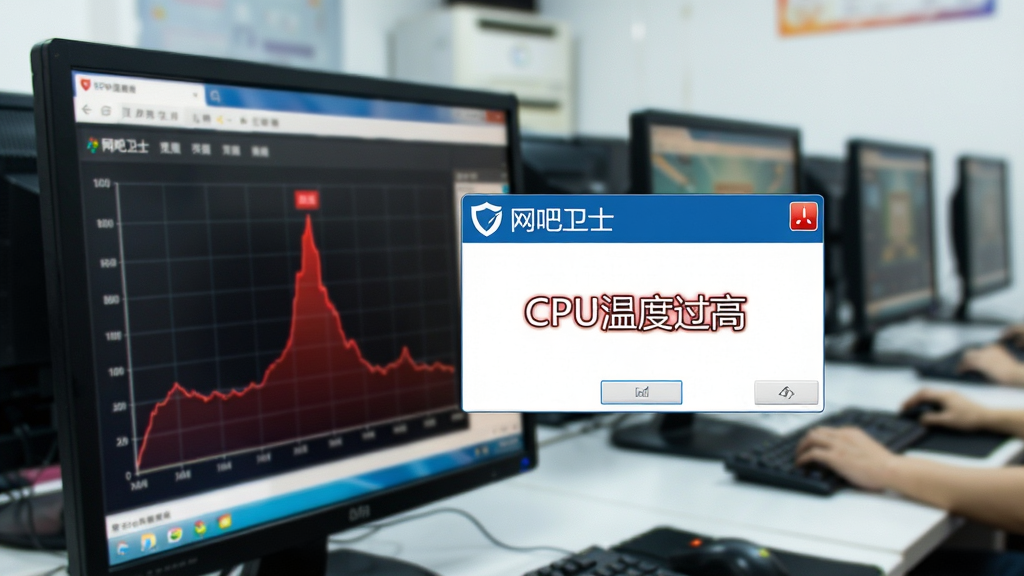 ���壺һ̨���ɵ�����Ļ����ʾ������ʿ�ļ�ظ澯���棬������ʾ��CPU�¶ȹ��ߡ�������Ϊģ�������ɻ��������֣�ǰ��Ϊ�澯�������о�Ϊ�������ͼ������Ϊ��̨���ԡ��Ű棺����λ����Ļ����ƫ�ң�����ͼռ����ࡣ���дʵ��������ϸ�ڣ��������С�������ʿ������������ͼ��ʾ��ɫ�¶ȷ�ֵ�����ʣ����塢�ɾ����޶���Ԫ�ء�