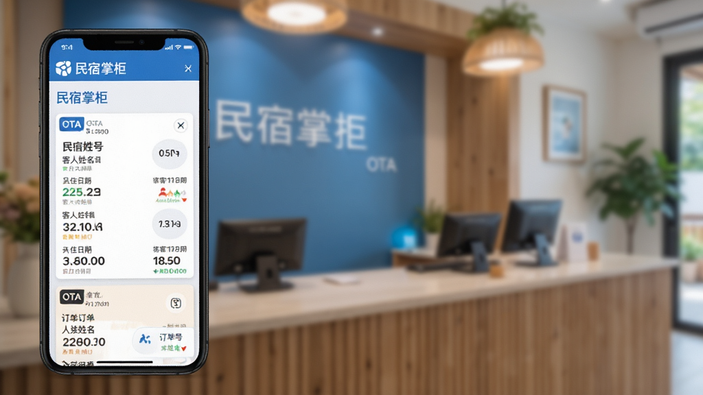 民宿掌柜订单聚合界面,手机界面中显示来自不同OTA平台的订单卡片,包含订单号、客人姓名、入住日期等关键信息,背景为模糊的民宿前台场景,配色以蓝白为主,风格商务简约,画质清晰,包含“民宿掌柜”软件名称