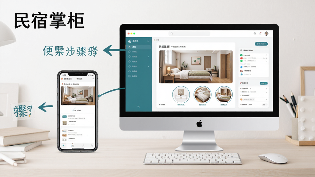 民宿掌柜使用教程示意图,手机和电脑并排显示软件界面,旁边有操作步骤标注箭头,背景为简洁的工作桌面,风格清晰易懂,画质干净,包含“民宿掌柜”文字