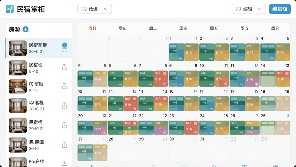 民宿掌柜房态日历界面截图,日历网格中展示不同颜色的房态标记,左侧为房源列表,顶部有筛选和编辑按钮,整体风格简洁明亮,UI设计现代,画质干净,画面中显示“民宿掌柜”品牌名称