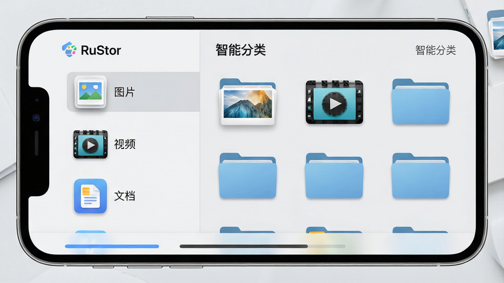 主体:RuStor文件管理应用运行在手机上,界面显示多个分类文件夹图标,如“图片”、“视频”、“文档”等,每个图标有对应缩略图。布局:手机横屏展示,界面分为左右两栏,左侧为分类列表,右侧为文件缩略图。排版:列表清晰,图标带阴影,底部有进度条。风格:清新商务风,背景浅灰。细节:文件缩略图真实,界面有“智能分类”字样。画质:细腻质感,干净无多余元素。