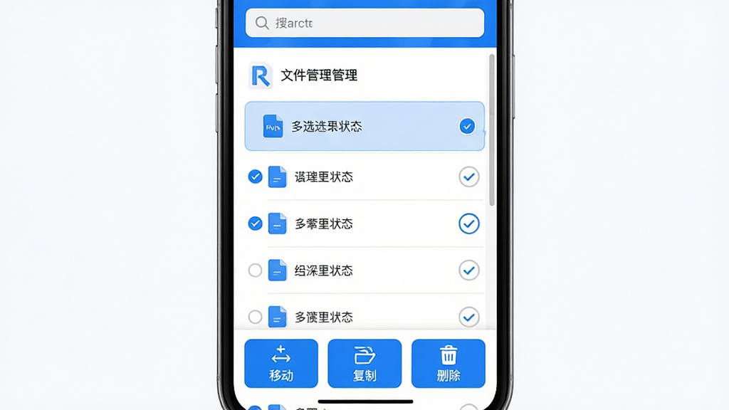 主体:RuStor文件管理界面展示多选文件状态,文件列表前有勾选圆圈,底部工具栏显示“移动”、“复制”、“删除”等按钮。布局:手机竖屏,列表滚动,顶部有搜索栏,底部有操作按钮。排版:整齐排列,操作按钮醒目。风格:现代简洁,蓝色主题。细节:选中文件高亮,按钮有图标。画质:高清流畅,干净无多余元素。