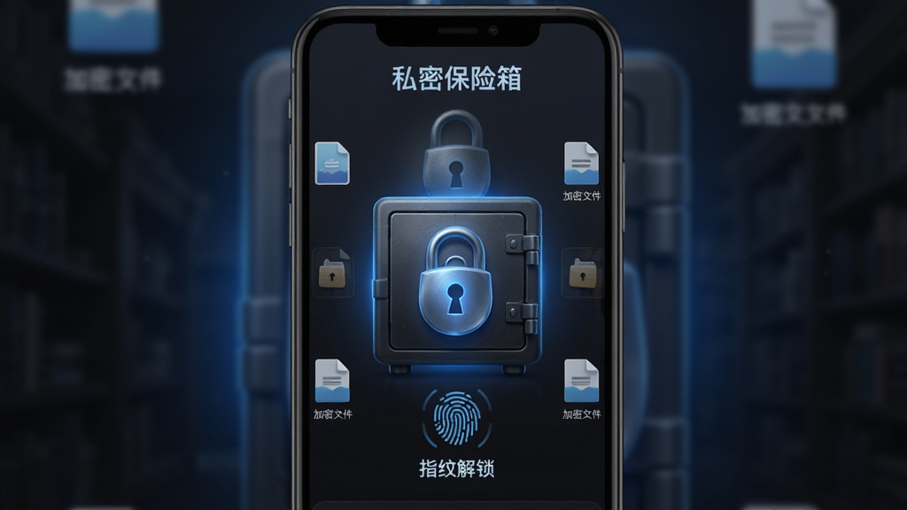 主体:RuStor文件管理私密保险箱界面,显示加密文件列表,背景有锁形图标,界面有“指纹解锁”提示。布局:手机竖屏,中央为保险箱图案,周围有文件图标,顶部有“私密保险箱”字样。排版:对称布局,锁形图标居中。风格:暗色质感,蓝色光效。细节:指纹图标、加密文件缩略图。画质:精细渲染,干净无多余元素。