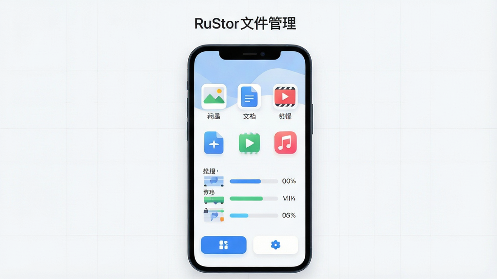主体:RuStor文件管理应用界面,显示手机存储空间概览与文件分类图标,包括图片、文档、视频、音频等,背景为干净浅色,整体风格现代简洁。布局:中心为手机屏幕展示,四周留白,上方有应用名称“RuStor文件管理”字样。排版:左右对称,图标整齐排列,底部有功能按钮。风格:扁平化设计,色彩清新,点缀蓝色主题色。细节:文件图标清晰,存储条可视化,背景有细微网格纹理。画质:高清渲染,干净无多余元素。