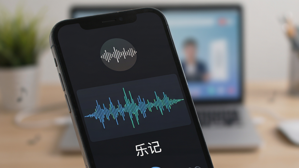 乐记语音记录功能示意图,手机界面显示正在录音的动画,波形图动态起伏,下方有“乐记”文字标识,背景模糊处理,突出语音输入场景,细节丰富,画质清晰,无多余元素