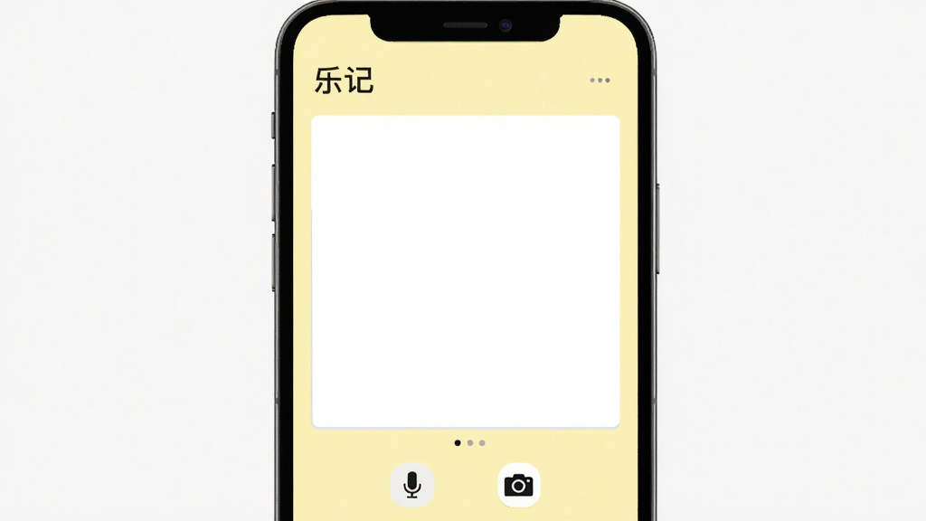 乐记主界面预览图,一款名为“乐记”的笔记应用,手机屏幕显示简洁的编辑界面,上方有“乐记”字样,中间是空白的文本编辑区域,下方有麦克风和相机图标,背景为淡黄色,整体风格简约现代,高画质,干净无多余元素