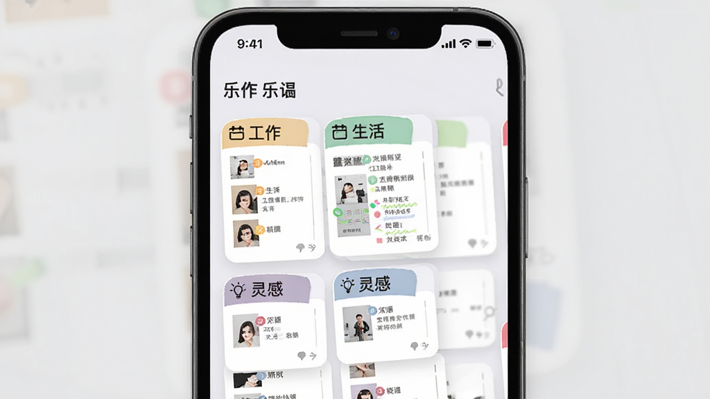 乐记标签分类管理界面,手机屏幕显示不同颜色的标签卡片,如“工作”、“生活”、“灵感”,每个标签下有缩略笔记预览,背景为浅灰色,风格清爽,排版整齐,画质干净