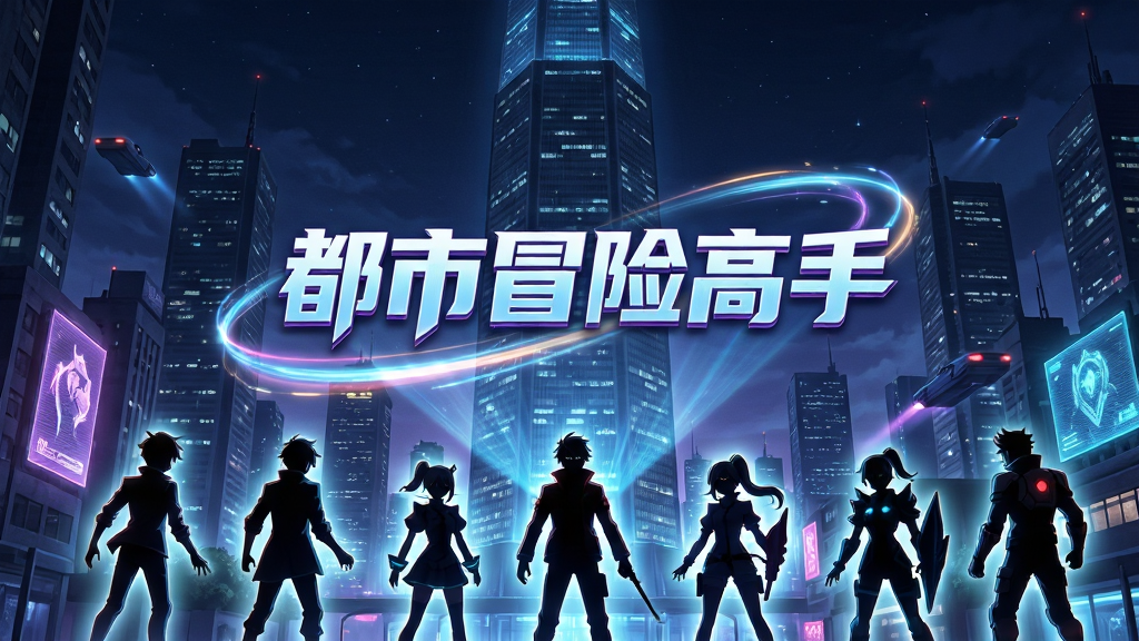 一幅充满科技感的现代都市夜景全景图,画面中央矗立着摩天大楼,楼体表面有巨大的全息投影,投影中显示着游戏名称“都市冒险高手”的艺术字,字体炫酷带有流光特效。前景是几个姿态各异的二次元游戏角色剪影,他们散发着微光,仿佛正准备进入城市探险。整体构图宏大,层次分明,融合了未来科技与神秘冒险的氛围,画质高清,细节丰富,色彩鲜艳,干净无多余元素。