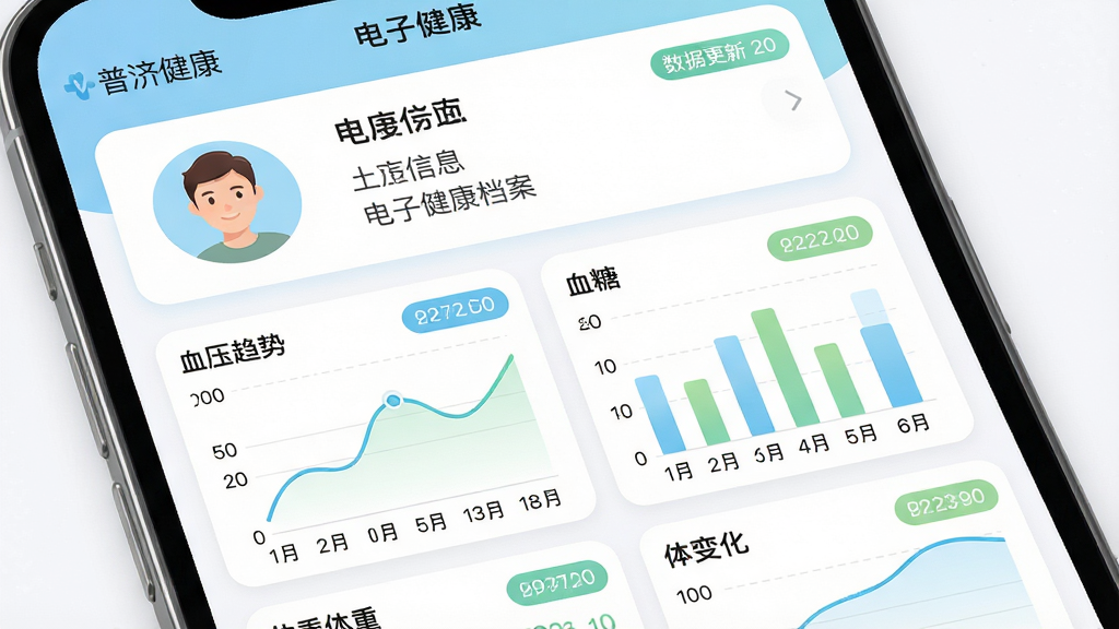 ��������Ϊ���ռý�����APP�ĵ��ӽ������������ͼ����Ļ�Ϸ��Ǹ���ͷ��ͻ�����Ϣ��Ƭ���·�������Ѫѹ��������ͼ��Ѫ����״ͼ�����ر仯���ߵȶ����ɫͼ����ÿ��ͼ�����Ͻ������ݸ���ʱ���ǩ�����汳��Ϊ��ɫ����ƬԲ����ƣ�������Ϊ�ִ�ҽ����Ϣ�����ɫ�ʴ�����ǳ����ǳ��Ϊ��������ɾ����࣬ϸ�ڷḻ�����ʸ��壬�޶���Ԫ��