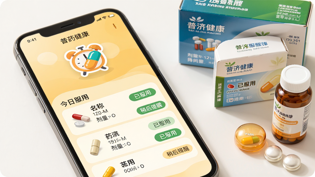 ��������Ϊ���ռý�����APP����ҩ���ѽ��棬�ֻ���Ļ����ʾһ��ҩ����״������ͼ�꣬�·��г���������õ�ҩƷ�嵥��ÿ����Ŀ����ҩƷͼƬ�����ơ�������ʱ�䣬�����С��ѷ��á��͡��Ժ����ѡ���ť�����汳��Ϊ��͵�ů��ɫ���䣬�ֻ��Ա߰ڷ��ż��г����Ľ�ѹҩ��ά����Ƭ��������Ϊ��ܰʵ�õĽ���������񣬹��������������������ɾ��޶���Ԫ��