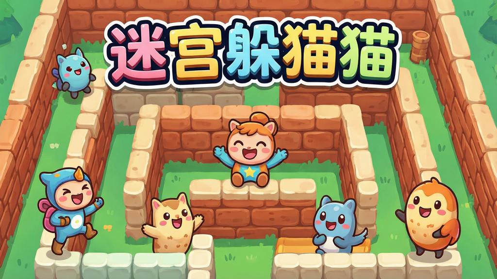 一幅色彩明快的卡通风格游戏宣传图,主体是《迷宫躲猫猫》的游戏标题与几个可爱的卡通角色在迷宫中嬉戏,布局上标题位于画面上方居中,角色分散在迷宫各处,排版活泼,风格清新可爱,细节包含迷宫墙壁的砖块纹理和角色开心的表情,画质清晰干净,无多余元素。