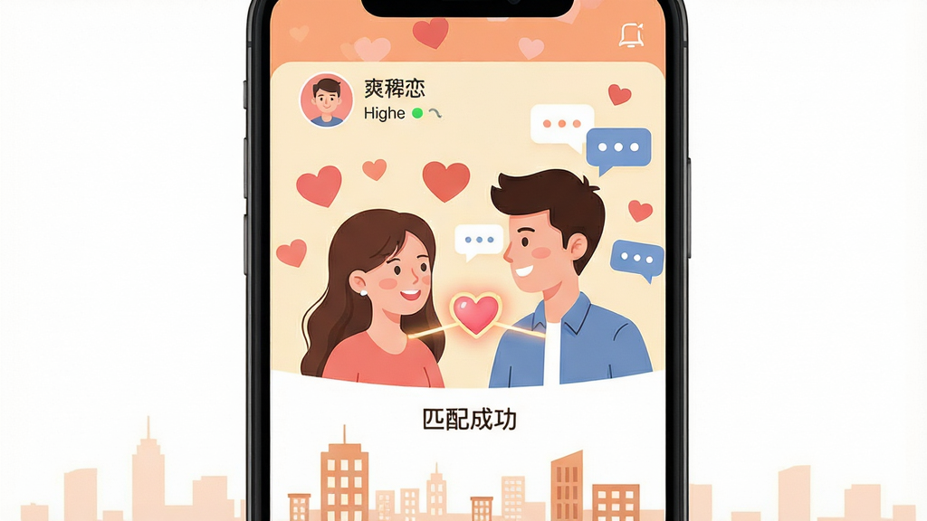 主体:手机屏幕展示“爽恋”交友软件界面,中央是一对年轻男女微笑对视的卡通形象,背景有爱心和对话气泡。布局:居中构图,手机界面占主体,两侧留白,下方点缀小城市剪影。排版:界面元素清晰,头像、昵称、在线状态标签排列有序。风格:清新明快,暖色调,扁平化插画风。细节:手机屏幕内显示“匹配成功”字样,男女主角之间有一道发光的心形连线,画面干净无多余元素。画质:高清,干净,无多余元素。