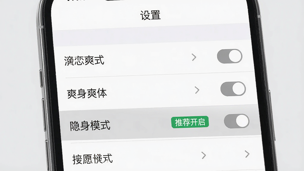 主体:手机屏幕展示爽恋的设置页面,背景为浅灰色,顶部有“设置”标题,下方有多个设置选项。布局:列表式布局,每行一个选项,右侧有开关或箭头。排版:字体清晰,间隔适中。风格:简约商务,以白色和灰色为主。细节:其中一个选项“隐身模式”被高亮显示,并带有“推荐开启”的绿色标签。画质:高清,干净,无多余元素。