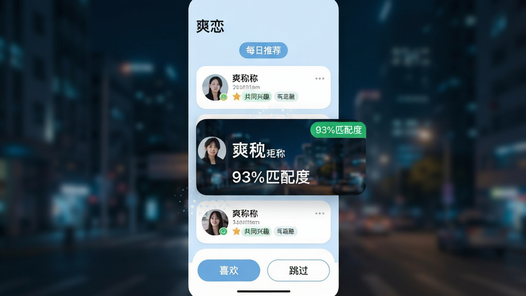 主体:手机界面展示“爽恋”的智能推荐页面,顶部有“每日推荐”标签,下方是多个用户卡片。布局:卡片式纵向排列,每张卡片展示头像、昵称、距离和共同兴趣标签。排版:卡片间距均匀,信息层次分明,底部有“喜欢”和“跳过”按钮。风格:现代简约,浅蓝与白色为主色调,圆角卡片设计。细节:其中一张卡片放大显示,带有“93%匹配度”的绿色标签,背景为模糊的城市夜景。画质:高清,干净,无多余元素。