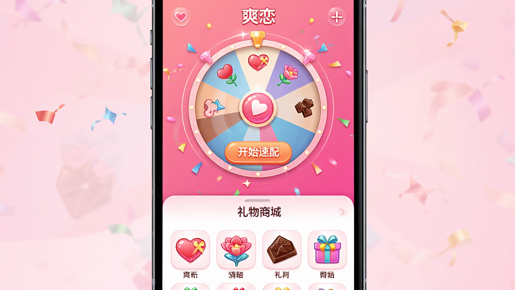 主体:手机界面展示“爽恋”的互动功能,屏幕分上下两部分,上半部分是一个心动速配的转盘动画,下半部分是礼物商城。布局:上下结构,转盘居中,礼物图标横向排列。排版:色彩丰富但协调,交互按钮清晰可见。风格:活泼时尚,略带游戏化元素,背景为渐变粉色。细节:转盘上有“开始速配”按钮,礼物图标有爱心、鲜花、巧克力等,画面喜庆热闹。画质:高清,干净,无多余元素。