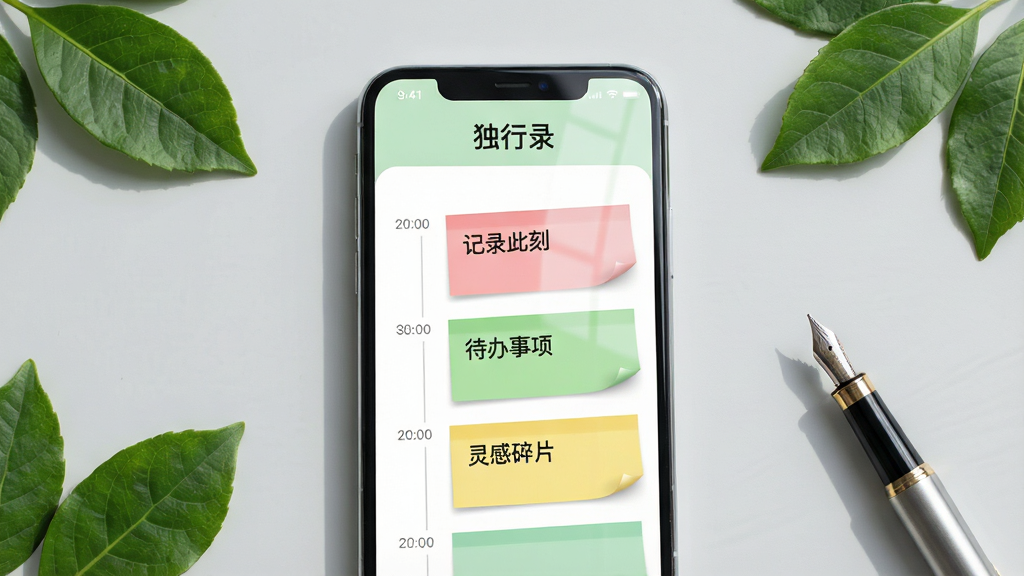 主体:一部亮着屏幕的智能手机,屏幕上展示“独行录”应用界面,界面以白色和淡绿色为主,顶部有“独行录”文字标识,下方是几条时间轴排列的彩色便签卡片。布局:手机居中,背景为浅灰色桌面,桌面上散落着几片绿叶和一支钢笔。排版:手机屏幕细节清晰可见,便签卡片上的文字为“记录此刻”、“待办事项”、“灵感碎片”。风格:清新简约,明亮通透,接近真实摄影效果。细节:屏幕有轻微反光,阴影自然,绿叶纹理清晰。画质:8K超高清,干净,无多余元素。