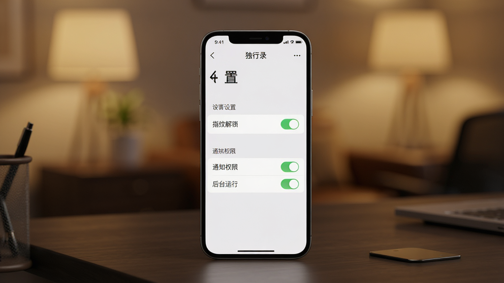 主体:一部手机竖屏显示“独行录”应用,屏幕上是“设置”页面,显示“指纹解锁”开关为开启状态,下方有“通知权限”和“后台运行”选项。布局:手机放在深色桌面上,背景是模糊的室内环境,灯光温暖。排版:屏幕内容清晰,设置项排列整齐,开关为绿色。风格:简约商务,光线柔和,细节丰富。画质:4K高清,干净,无多余元素。