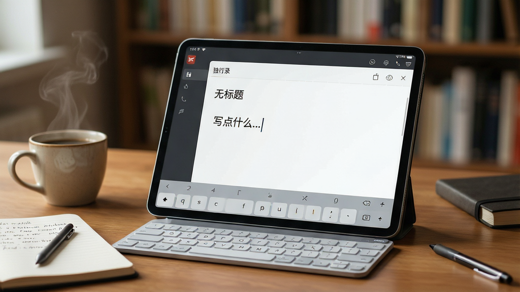主体:一张木桌上的平板电脑,屏幕上显示“独行录”的编辑页面,光标在空白处闪烁,键盘悬浮在屏幕下方。布局:平板斜放,桌面有咖啡杯和笔记本,背景是模糊的书房书架。排版:屏幕正中是白色编辑区,上方有“无标题”字样,下方键盘为浅灰色。风格:温暖居家,自然光,浅景深效果。细节:咖啡杯冒着热气,笔记本上有手写笔迹,屏幕文字“写点什么...”清晰可见。画质:高分辨率,干净,无多余元素。