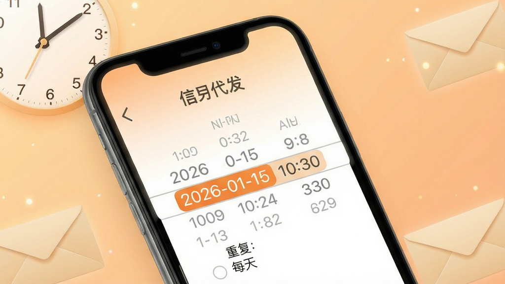 一个时钟与手机结合的创意画面,手机屏幕中显示信蜂代发的定时发送设置页面,时间选择器高亮显示“2026-01-15 10:30”,下方有“重复:每天”选项。背景为浅橙色渐变,时钟指针和信封元素点缀,风格简约清晰,细节精致,画质高清,干净无多余元素。