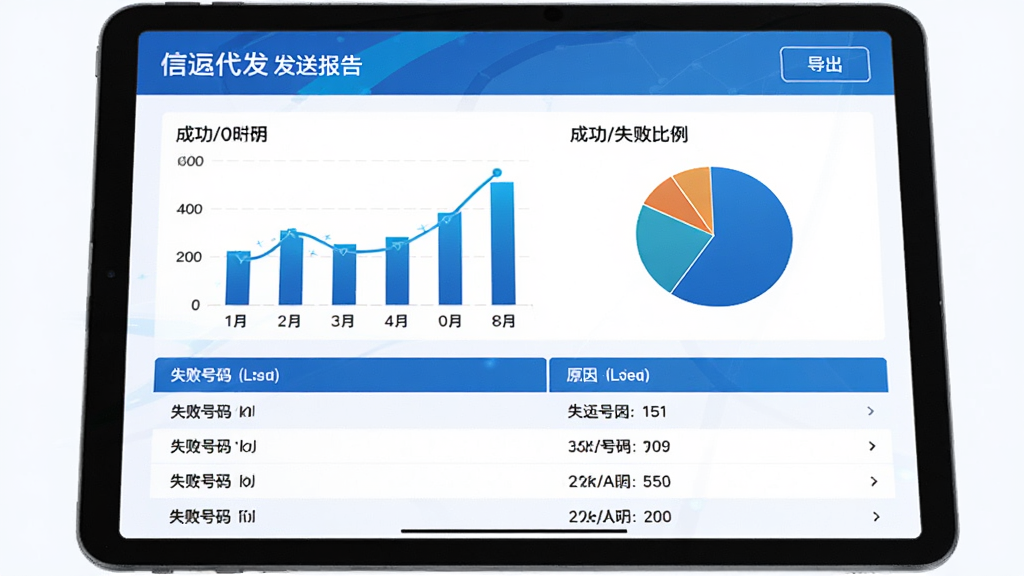 平板电脑上展示信蜂代发的发送报告页面,以柱状图和饼图呈现成功/失败比例,下方列出失败号码及原因列表,右上角有“导出”按钮。整体配色以蓝白为主,图表动态效果,界面科技感强,画质细腻,干净无多余元素。