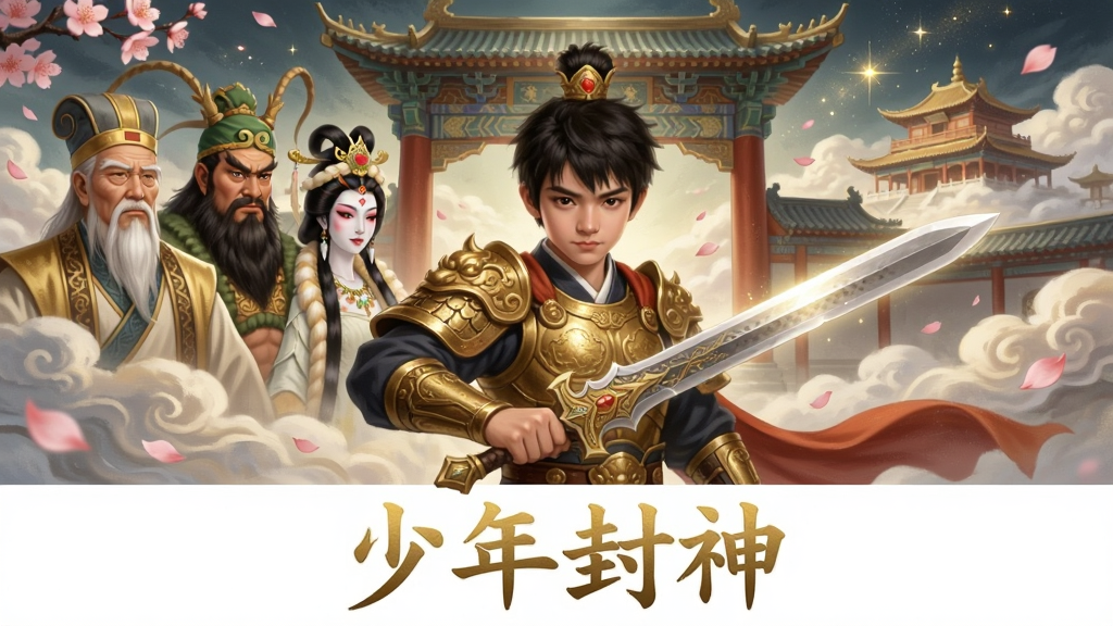 画面中央展示一位身披金甲、手持神剑的少年主角,身后是巍峨的南天门与祥云缭绕的仙宫,左侧悬浮着姜子牙、杨戬、妲己三位神话人物的半身像,整体采用中国风工笔重彩风格,色彩瑰丽,光影通透,角色面部细节精致,服装纹理清晰,背景有飘落的桃花瓣与闪烁的星光,画面布局以主角为中心,左右对称,下方留白处写着“少年封神”四个金色大字,画质高清,干净无多余元素