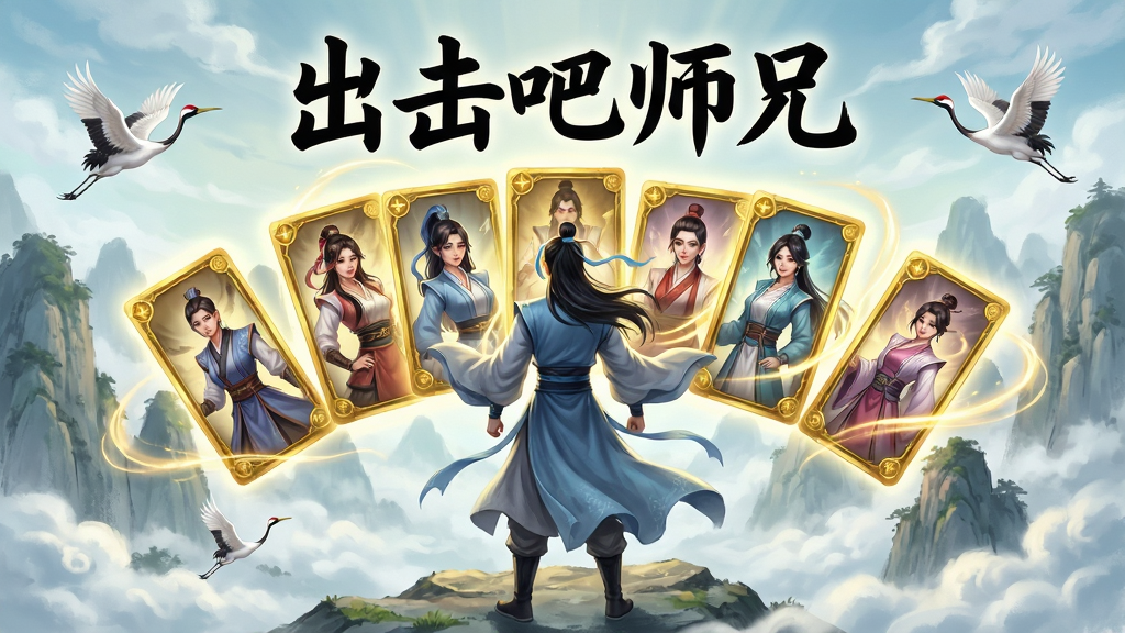 主体:一位身着飘逸古装的年轻修士,站在云雾缭绕的仙山之上,面前悬浮着数张闪烁金光的卡牌,卡牌上浮现出不同师兄师姐的立绘,整体呈战斗布局;排版:画面中央为修士背影,卡牌呈扇形展开于身前,上方留有标题“出击吧师兄”的醒目位置;风格:国风水墨与现代厚涂结合,色彩明快,光影通透;细节:衣袂飘飘,云雾流动,卡牌边缘有流光特效,远处有仙鹤飞过;画质:8K超高清,细节丰富,干净,无多余元素。