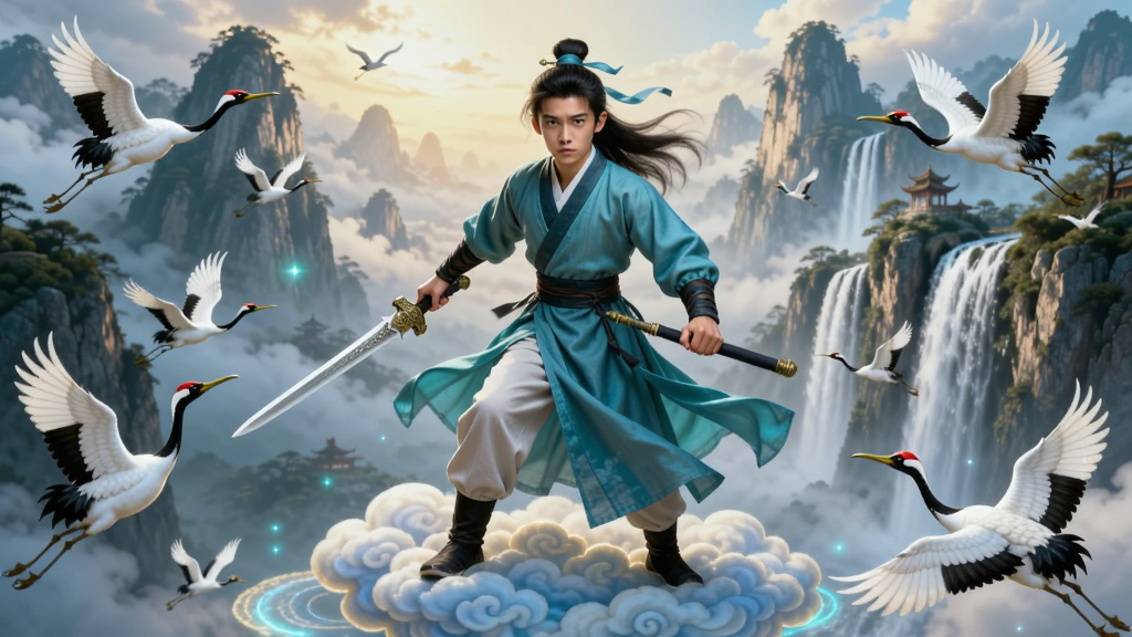 画面中央是一位身着青衫、手持飞剑的年轻修士,他脚踏祥云,身后是云雾缭绕的仙山与飞流直下的瀑布,四周有仙鹤翱翔、灵光闪烁。画面布局以修士为中心,背景展现修仙世界的宏伟与神秘。风格为写实仙侠风,色彩明亮饱和,光影层次丰富,突出主角的坚毅神情与飘逸气质。画质高清细腻,细节考究,整体干净无多余元素。