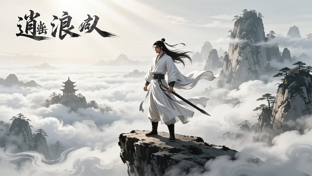 逍遥浪人游戏主视觉图,一位白衣侠客站立于云海之巅,身后是巍峨仙山与流动的云海,画面采用东方古典水墨风格,色彩淡雅,光影层次分明,人物衣袂飘飘,整体氛围空灵悠远,画质细腻干净,无多余元素,配文“逍遥浪人”