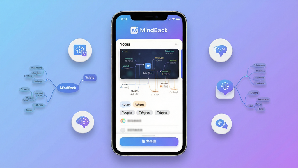主体:MindBack软件界面展示,手机屏幕显示思维导图与笔记列表,背景为柔和的渐变蓝紫色调。布局:中央展示手机模型,左右两侧有悬浮的思维节点图标,整体构图平衡。排版:界面简洁,文字标签清晰,突出“MindBack”Logo位于屏幕顶部。风格:现代扁平化设计,带有轻微拟物阴影,科技感与温馨感并存。细节:屏幕内呈现时间线回响视图与标签分类栏,底部有快捷创建按钮。画质:高清渲染,干净无多余元素。