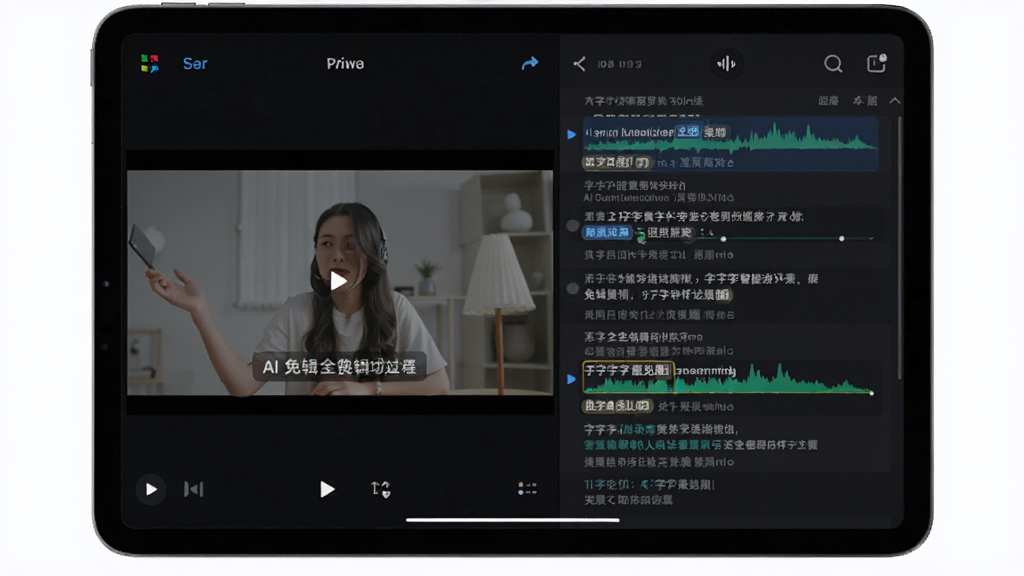 展示剪辑全免费智能剪辑功能操作界面的插图,主体是平板电脑屏幕上的AI字幕生成过程,布局为左右分栏,左侧是视频预览,右侧是自动生成的字幕列表,风格为科技感UI设计,细节包含波形图谱与文字识别高亮,画质干净,无多余元素