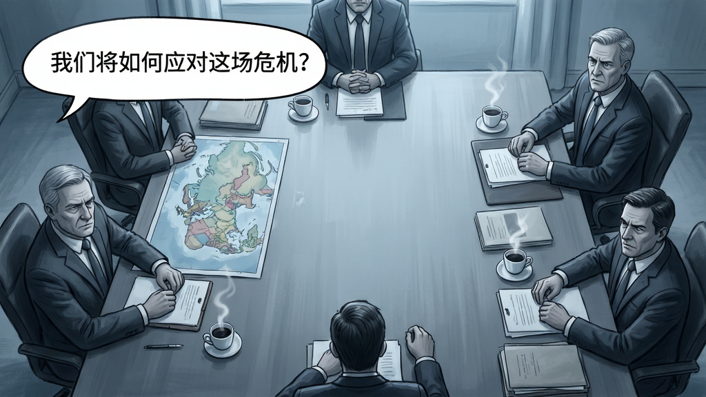 主体:《Suzerain》剧情对话场景,总统与内阁成员围坐长桌,面前摆放着国家地图与报告文件;布局:俯视角度,人物分散于画面四周,中央留白;排版:画面左上角显示对话气泡,气泡内文字“我们将如何应对这场危机?”;风格:半写实半手绘,色调偏冷,营造紧张氛围;细节:每位角色表情严肃,桌上咖啡杯冒着热气;画质:精致细节,光影柔和,干净无多余元素。