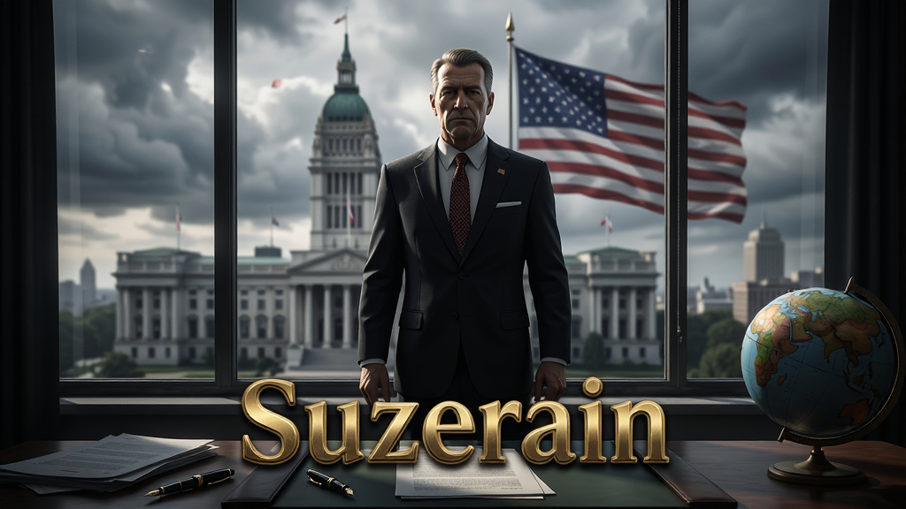 主体:《Suzerain》游戏主界面,一位身穿西装的总统站在办公室窗前,俯瞰城市天际线;布局:中央构图,人物占画面三分之一,背景为议会大楼与飘扬的国旗;排版:画面下方放置游戏LOGO“Suzerain”字样,字体采用金色金属质感;风格:写实政治题材,光影对比强烈,氛围庄重肃穆;细节:办公桌上有文件、钢笔与地球仪,窗外云层翻滚;画质:4K高清渲染,色彩沉稳,干净无多余元素。