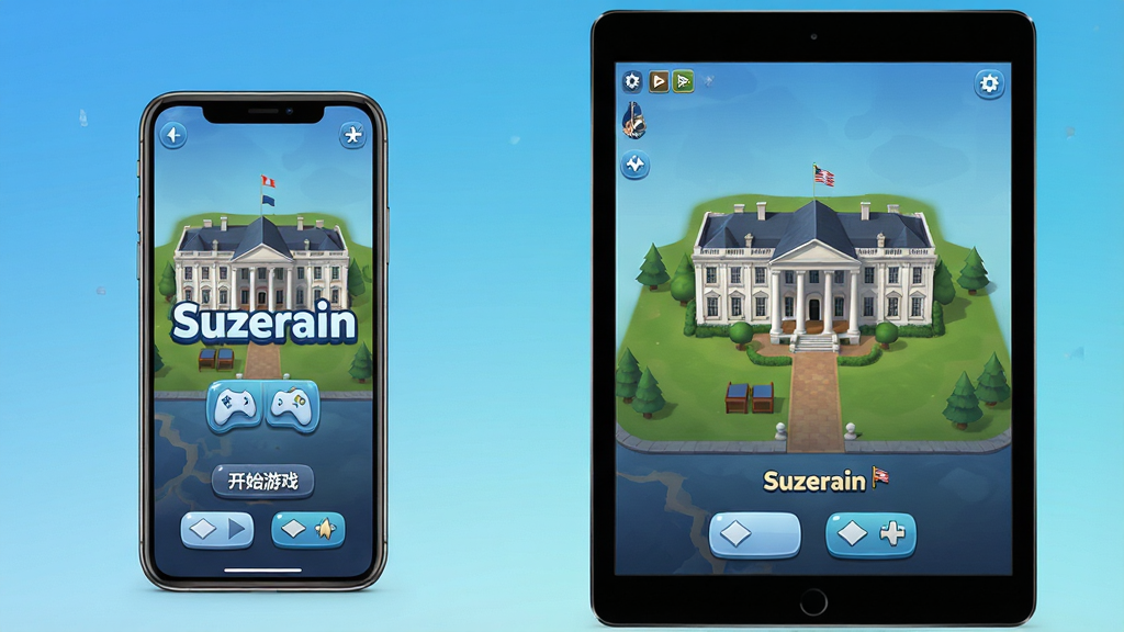 主体:《Suzerain》游戏操作界面,手机与平板并排展示,屏幕中显示总统府场景;布局:左右对称,左侧为手机,右侧为平板;排版:画面中央显示“Suzerain”标题,下方为“开始游戏”按钮;风格:清新明亮,背景为渐变蓝;细节:设备屏幕中显示游戏地图与决策按钮;画质:高清渲染,干净无多余元素。