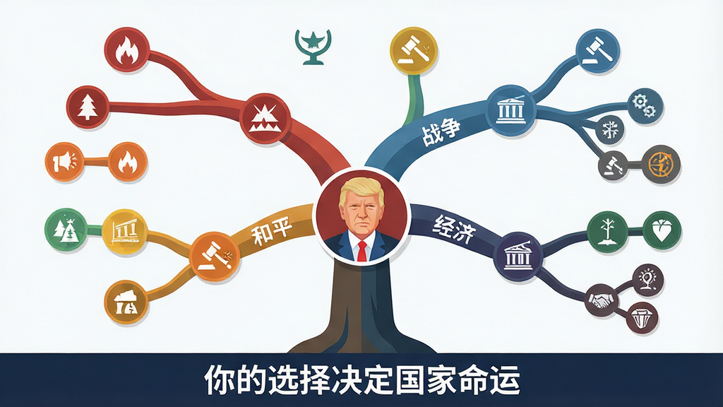 主体:《Suzerain》多结局分支图,一棵巨大的决策树从中央向四周延伸,每个节点代表一个关键剧情选择;布局:树状结构,中央为总统头像,分支上标注“战争”“和平”“经济危机”等关键词;排版:画面底部显示“你的选择决定国家命运”字样;风格:扁平化信息图,配色鲜明;细节:每个节点有不同颜色的小图标,代表不同事件;画质:高清晰度,干净无多余元素。