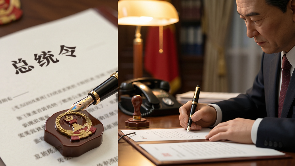 主体:《Suzerain》执政场景,总统坐在办公桌前签署文件,桌上摆放着印章与电话;布局:近景特写,人物位于画面右侧,左侧为文件特写;排版:文件上显示“总统令”字样,背景虚化;风格:写实风格,暖色调灯光,营造忙碌氛围;细节:钢笔尖划过纸面,印章清晰可见;画质:细节丰富,干净无多余元素。