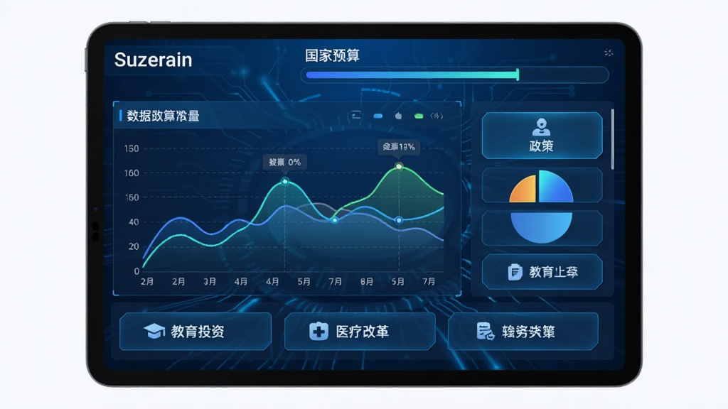 主体:《Suzerain》治国系统界面,平板电脑上显示国家经济数据图表与政策选项列表;布局:左右分栏,左侧为数据曲线,右侧为政策按钮;排版:屏幕上方显示“国家预算”进度条,下方排列“教育投资”“医疗改革”等按钮;风格:现代化UI设计,蓝色科技感背景;细节:数据图表以折线图与饼图呈现,按钮带有图标;画质:清晰锐利,干净无多余元素。