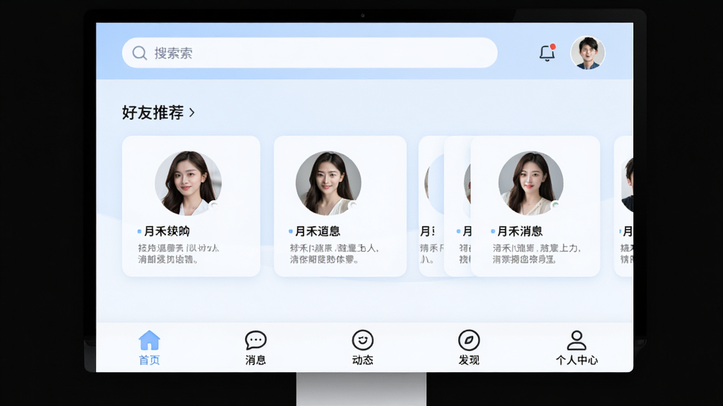 �º�����������չʾ�����岼�ּ���ִ����Ե���ɫ�Ͱ�ɫΪ��ɫ��������Ϊ���������û�ͷ���м�Ϊ�����Ƽ���Ƭ����Ƭ�����û���Ƭ�ͼ�飬�ײ�Ϊ�������ͼ�꣬������ҳ����Ϣ����̬�����ֺ͸������ģ�����ɾ�������ͻ���罻���ԣ����ʸ��壬�޶���Ԫ��
