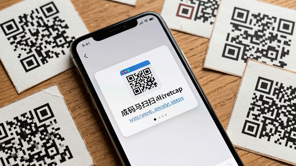 图片主体为微码扫扫二维码应用的二维码识别结果展示页,前景是手机屏幕截图,屏幕上显示一个识别成功的二维码链接预览卡片,卡片上有网站图标与标题。背景是木纹桌面上散落的几张印有不同样式二维码的纸张。布局采用俯拍视角,手机斜放居中,周围纸张错落有致。风格为清晰锐利的微距摄影风格,强调屏幕内容的可读性与纸张纹理细节,整体色调温暖自然,画质干净无多余元素。