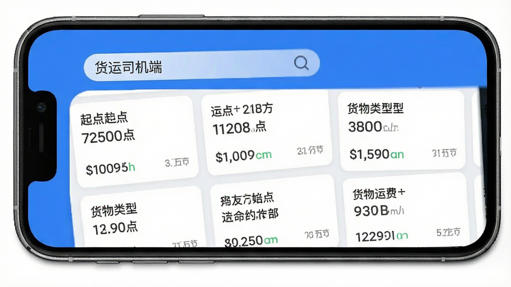 手机屏幕展示货运司机端应用界面,列表页显示多条货源卡片,卡片上标有起点终点、货物类型、运费金额,顶部搜索栏有“货运司机端”字样,整体UI设计现代,蓝色主题色调,高清截图风格,画质清晰,无多余元素