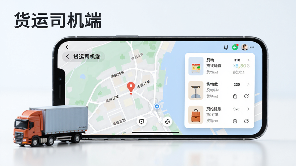 一部智能手机横屏展示货运司机端应用运行界面,屏幕显示货运订单地图,旁边有货物清单卡片,手机旁有货车模型,整体画面明亮,有“货运司机端”字样,高清渲染,干净无多余元素