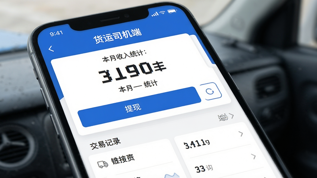 货运司机端应用的钱包界面,显示本月收入统计数字,下方有提现按钮与交易记录列表,界面简洁,有“货运司机端”标识,蓝白配色,金融风格,高清渲染,干净无多余元素