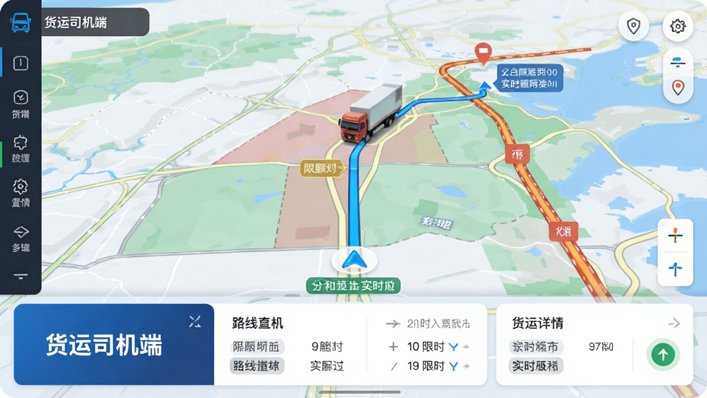 货运司机端导航界面,地图上显示货车行驶路线,标注限行区域与实时路况颜色,底部有路线详情卡片,卡片上有“货运司机端”字样,地图风格清晰,导航信息明确,科技感强,高清画质,无多余元素