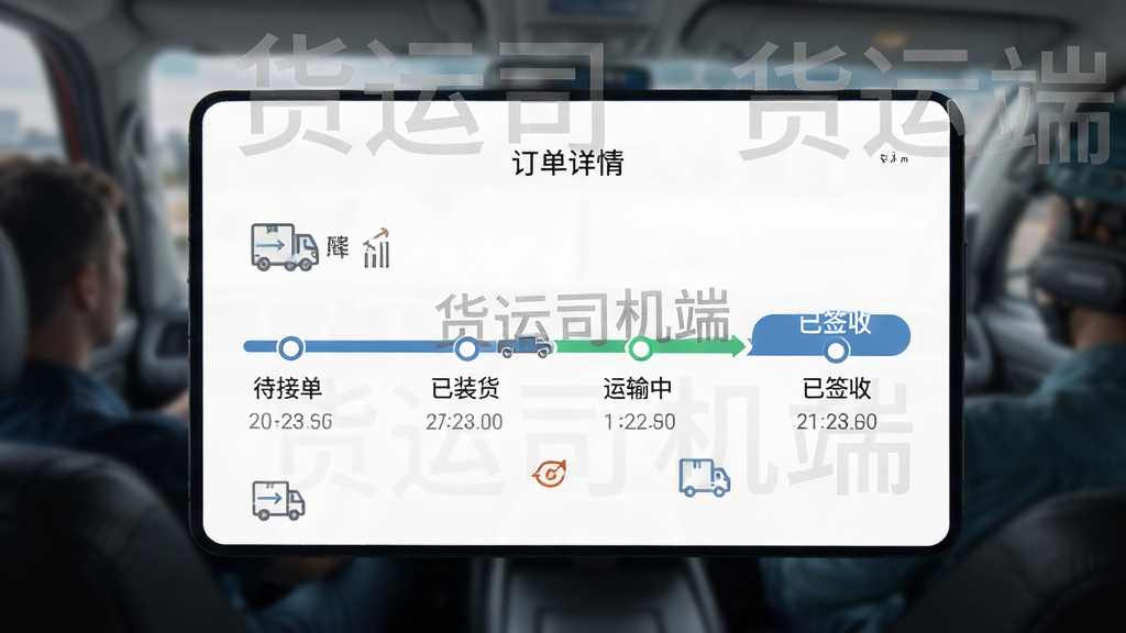 货运司机端应用订单详情页界面,显示订单状态进度条,从待接单、已装货、运输中到已签收,配有时间节点记录,界面信息清晰,有“货运司机端”水印,扁平化设计风格,高清画质,整洁无多余元素
