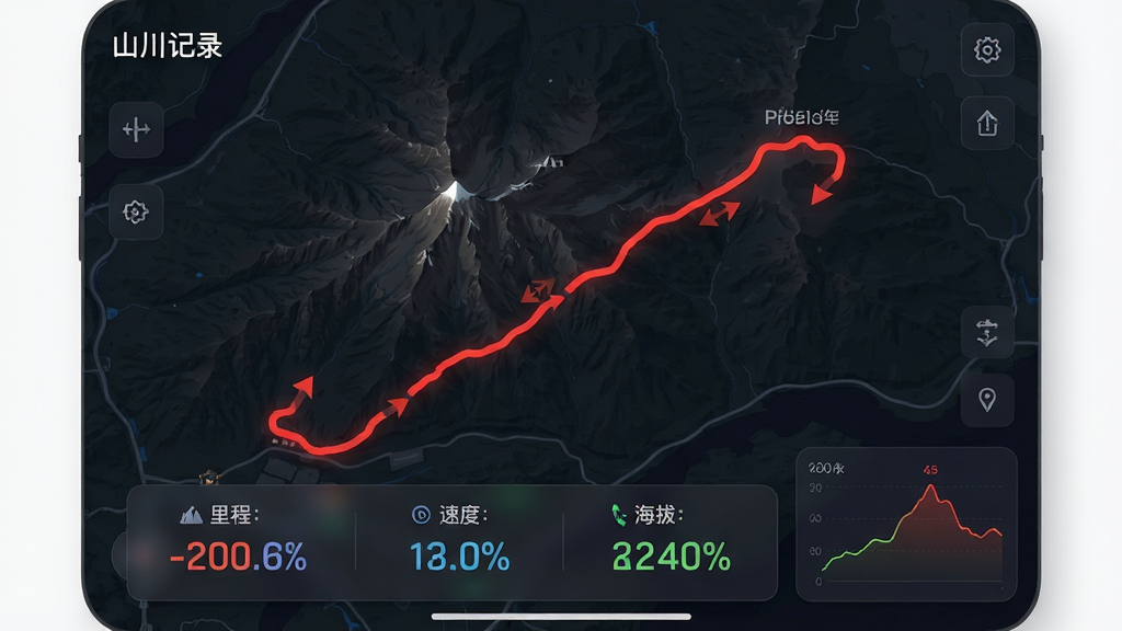 主体:山川全景导航APP的轨迹记录界面,显示一条红色路线穿越山地。布局:地图占主画面,底部有数据面板显示里程、速度、海拔。排版:数据面板半透明悬浮,不遮挡路线。风格:简洁科技风,深色背景配亮色数据。细节:轨迹线条有箭头方向,山峰标注清晰,海拔曲线图在角落。画质:高清,干净,无多余元素。