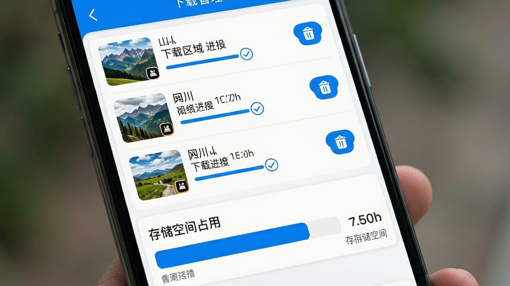 主体:手机屏幕显示山川全景导航的离线地图下载管理页面。布局:上方为已下载区域列表,下方为存储空间占用条。排版:列表清晰,每个区域配有缩略图与删除按钮。风格:清爽简洁,蓝白配色。细节:下载进度条、已下载区域打勾标识,存储空间数值明确。画质:干净,无多余元素。