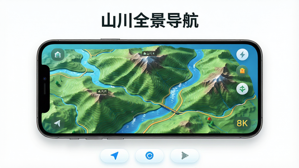 主体:山川全景导航APP界面展示,手机屏幕中显示三维立体山川地形图,包含等高线、河流、山峰标注。布局:手机居中,屏幕内容清晰可见,周围留白,下方有简洁的导航按钮。排版:上下结构,上方为APP名称“山川全景导航”文字,下方为手机展示。风格:写实科技风,色彩明亮,绿色与蓝色为主色调。细节:山峰阴影、河流反光、道路标线清晰,界面图标精致。画质:8K超清,干净,无多余元素。
