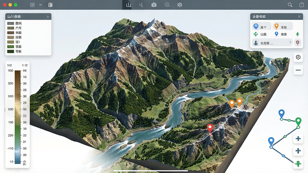 主体:山川全景导航软件的三维地形渲染效果,展示崇山峻岭与峡谷河流。布局:画面中央为立体山体,左侧有图例与海拔标尺,右侧有路径标记点。排版:信息面板悬浮于画面角落,不遮挡主体地形。风格:写实渲染风格,光影自然,色彩层次丰富。细节:山体纹理清晰,植被覆盖区域与裸岩区域分明,河流流动感强。画质:超高清,干净,无多余元素。